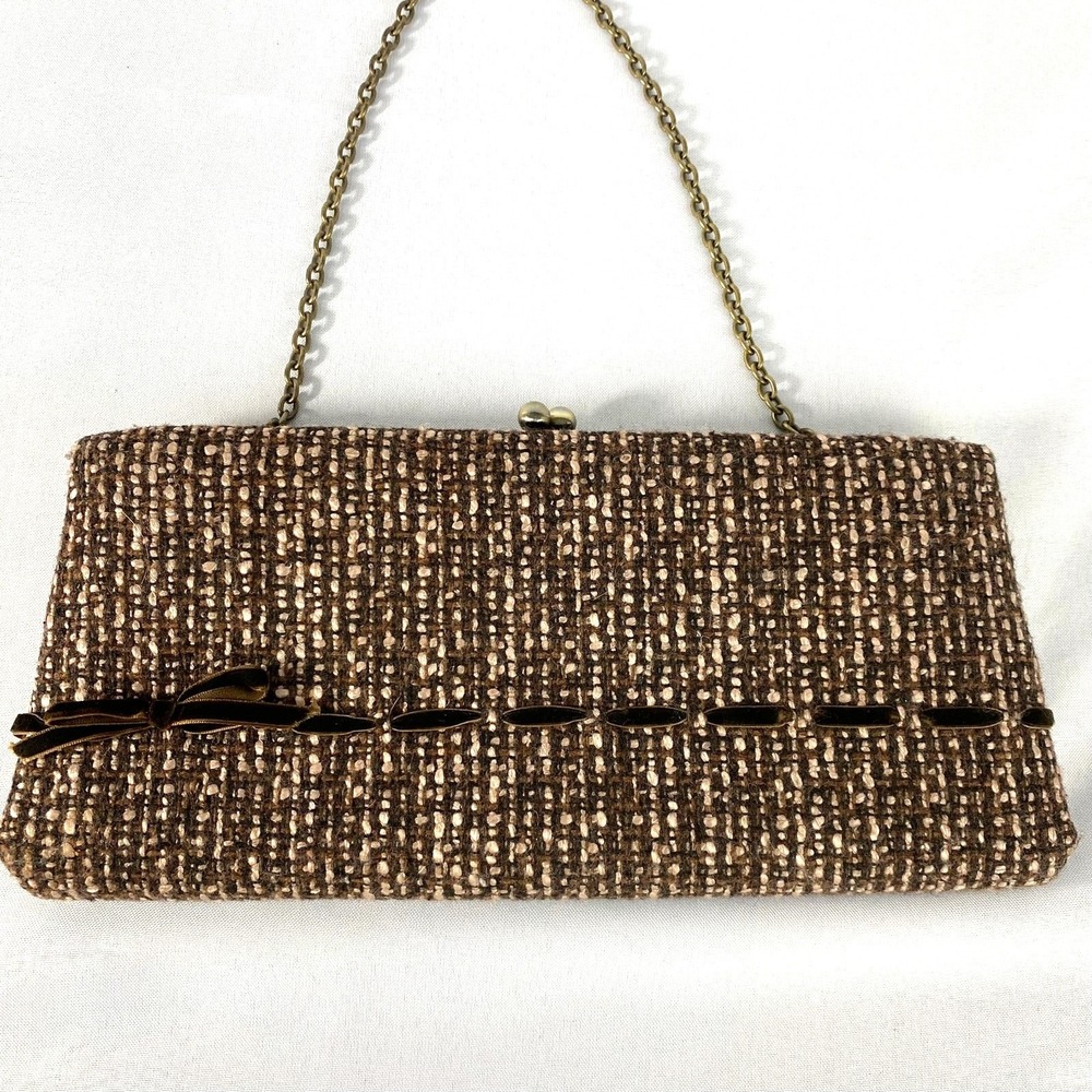 Vintage 70s Worthington Kiss Lock Tweed Framed Clutch Chain Bag Brown Old Money